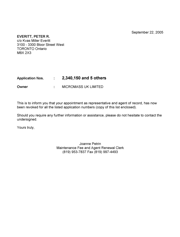 Document de brevet canadien 2433431. Correspondance 20050922. Image 1 de 1