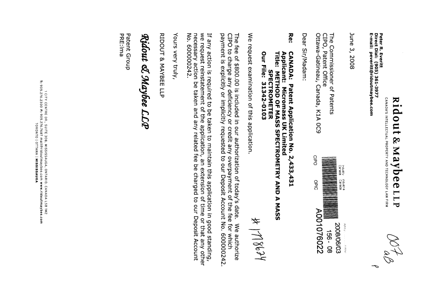 Canadian Patent Document 2433431. Prosecution-Amendment 20080603. Image 1 of 1