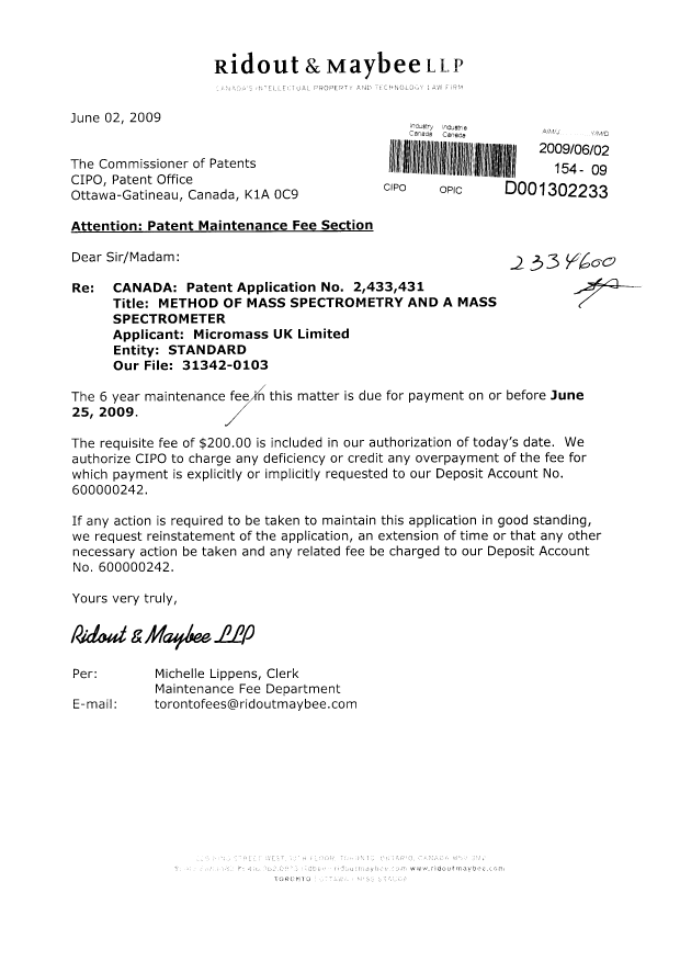 Canadian Patent Document 2433431. Fees 20090602. Image 1 of 1