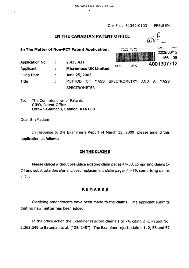 Canadian Patent Document 2433431. Prosecution-Amendment 20090612. Image 1 of 19