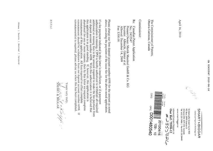 Document de brevet canadien 2433547. Correspondance 20100416. Image 1 de 1