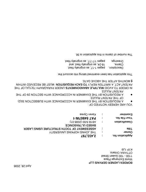 Canadian Patent Document 2433797. Prosecution-Amendment 20060428. Image 1 of 3