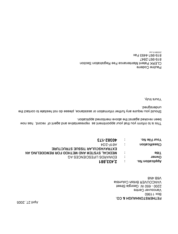 Canadian Patent Document 2433881. Correspondence 20050427. Image 1 of 1