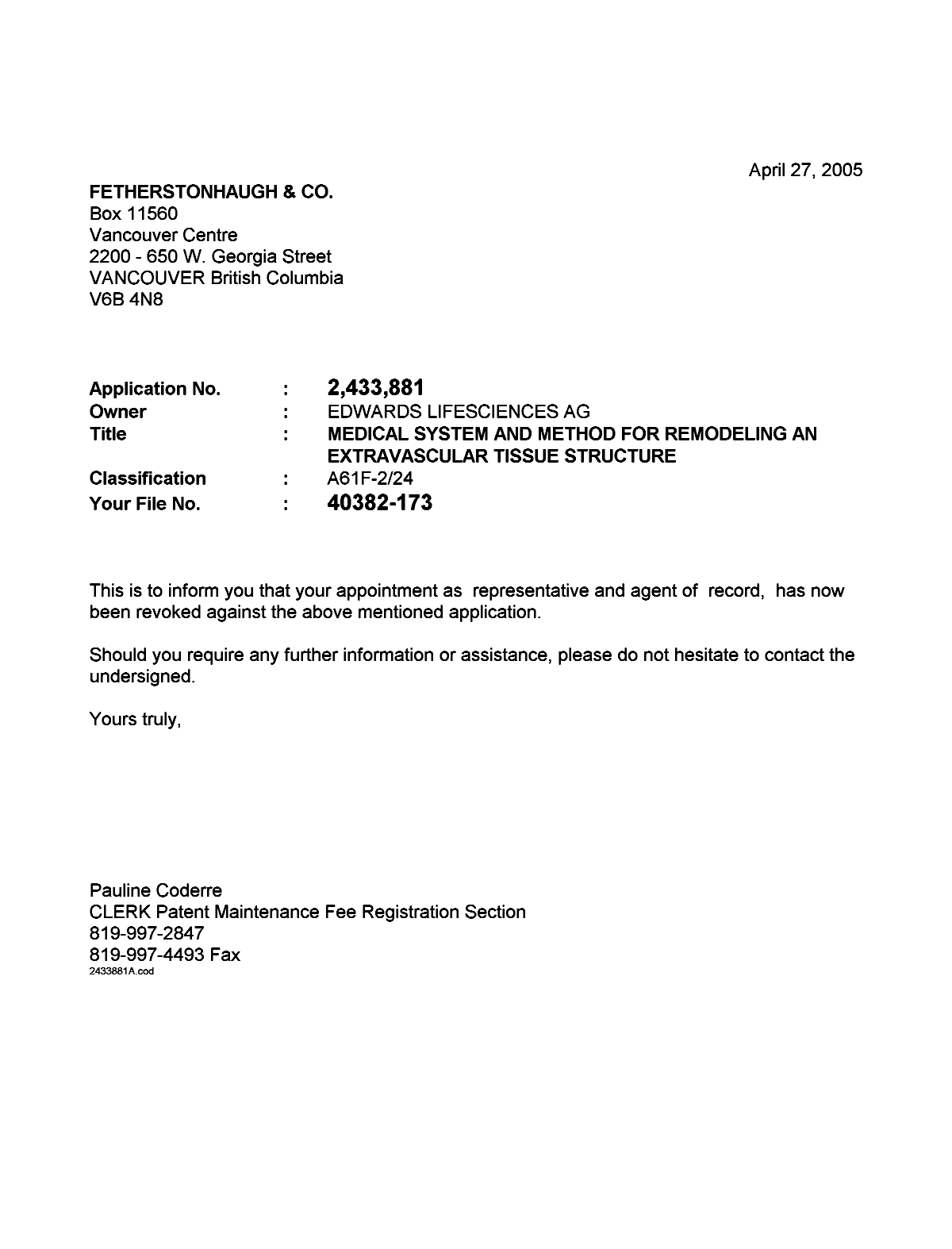 Document de brevet canadien 2433881. Correspondance 20050427. Image 1 de 1