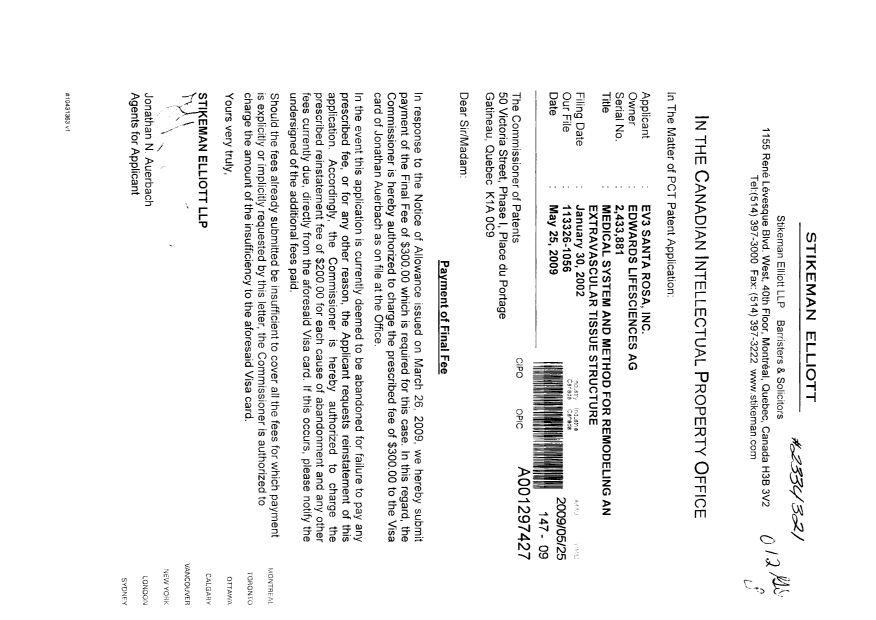 Document de brevet canadien 2433881. Correspondance 20090525. Image 1 de 1