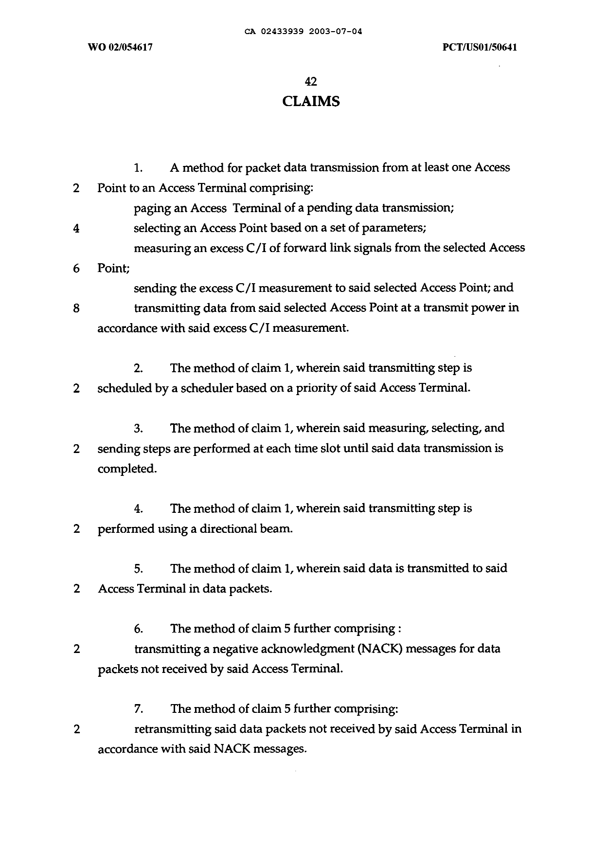 Document de brevet canadien 2433939. Revendications 20021204. Image 1 de 7