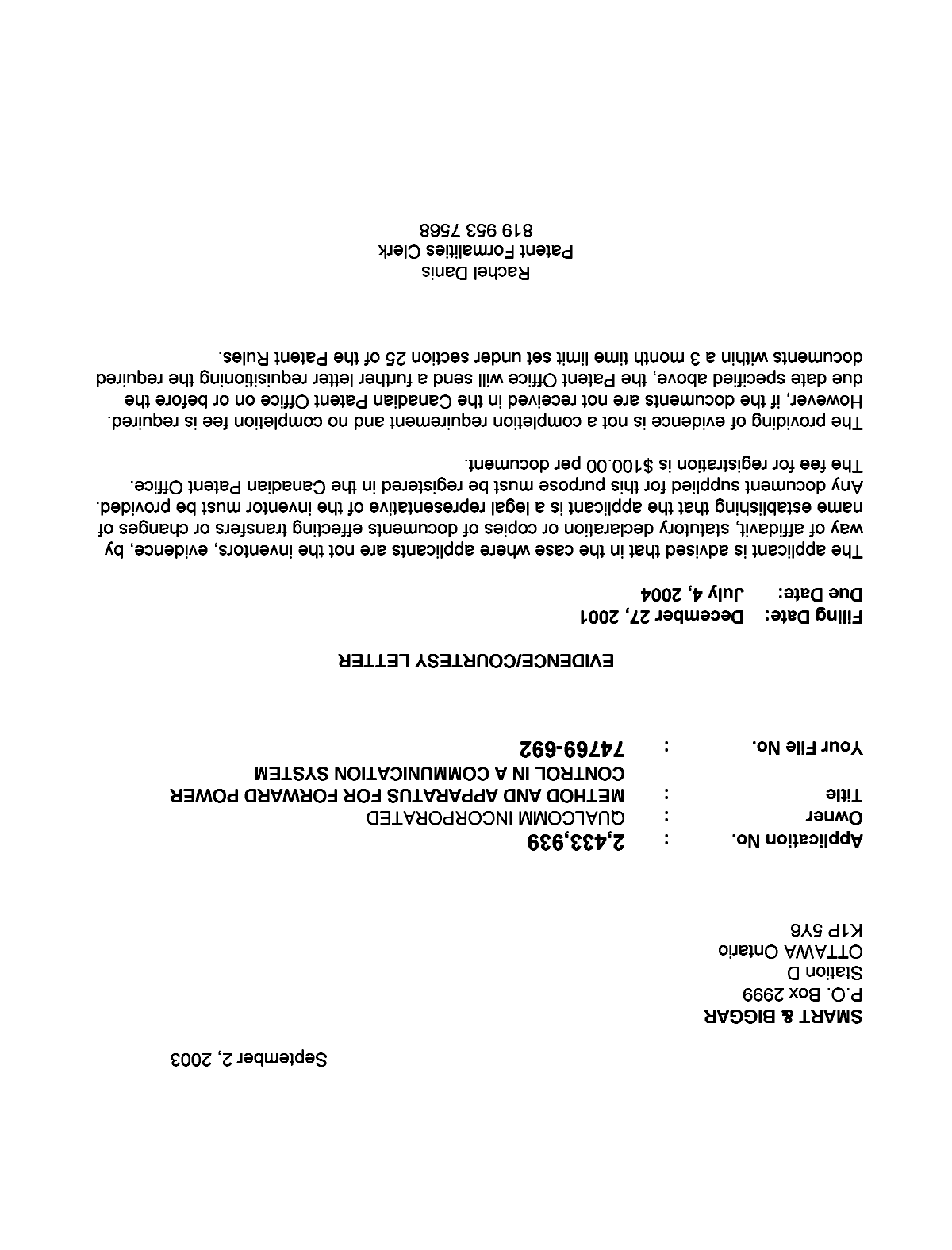 Canadian Patent Document 2433939. Correspondence 20021228. Image 1 of 1