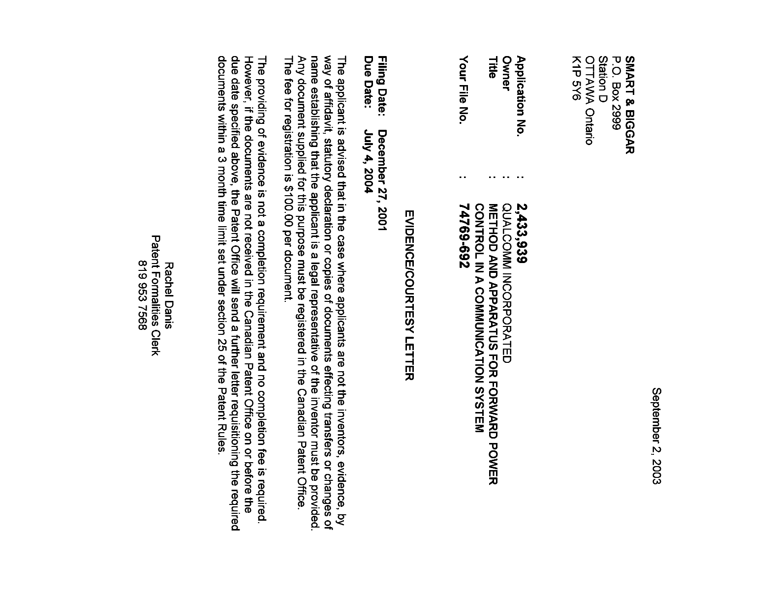 Document de brevet canadien 2433939. Correspondance 20021228. Image 1 de 1