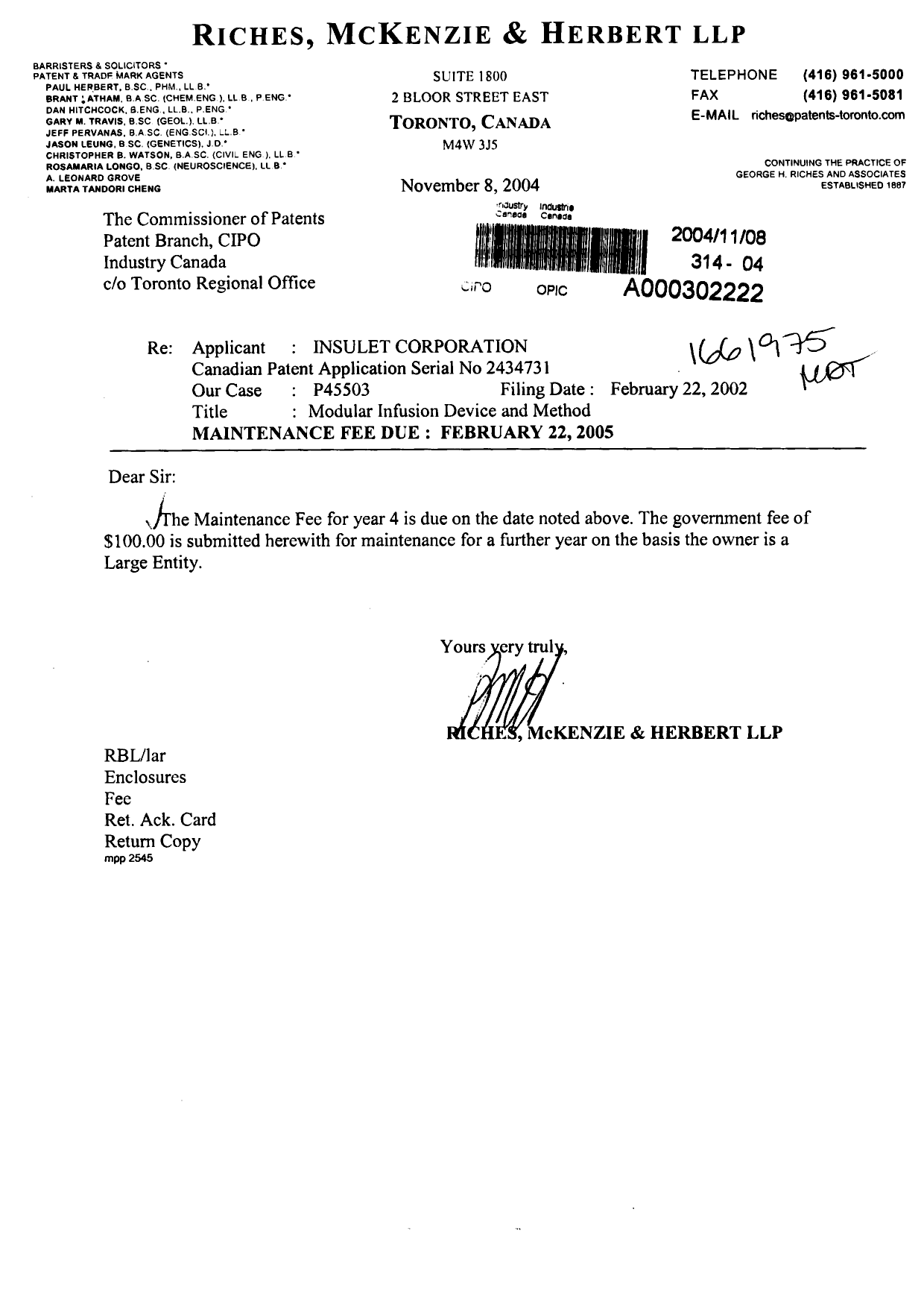 Document de brevet canadien 2434731. Taxes 20041108. Image 1 de 1
