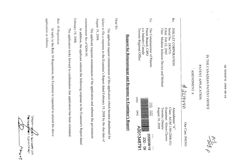 Document de brevet canadien 2434731. Poursuite-Amendment 20090819. Image 1 de 8