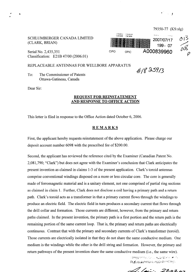 Document de brevet canadien 2435351. Poursuite-Amendment 20070717. Image 1 de 2