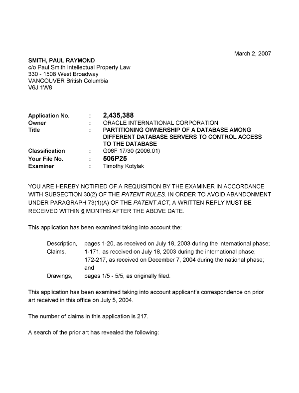 Document de brevet canadien 2435388. Poursuite-Amendment 20061202. Image 1 de 3