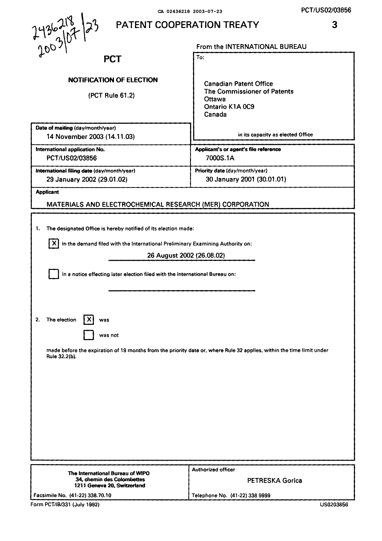 Document de brevet canadien 2436218. PCT 20030723. Image 1 de 1