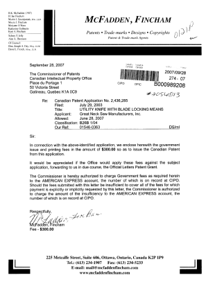 Document de brevet canadien 2436285. Correspondance 20070928. Image 1 de 1