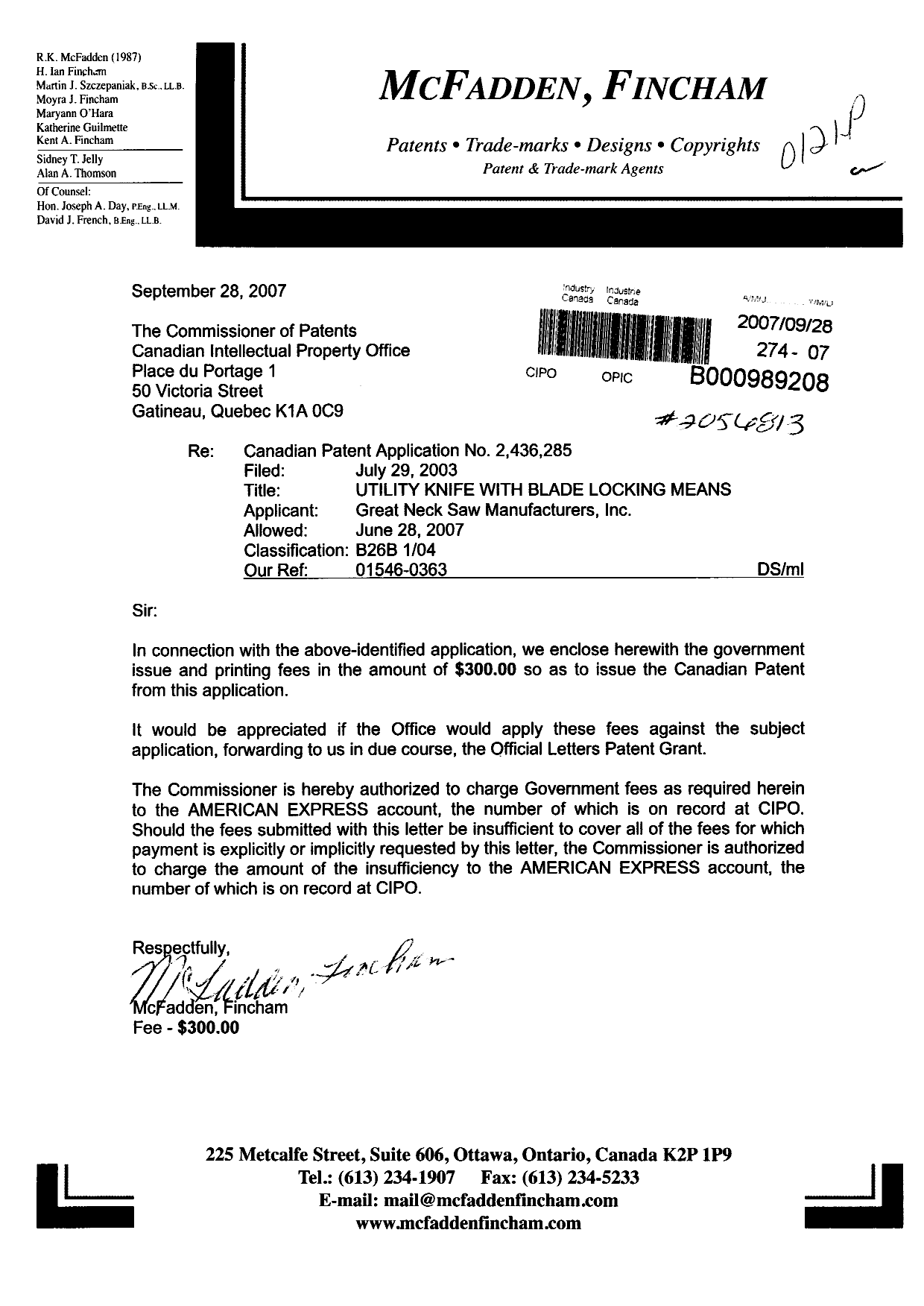 Document de brevet canadien 2436285. Correspondance 20070928. Image 1 de 1