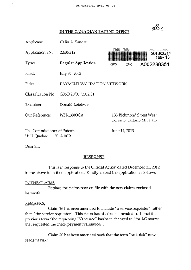 Canadian Patent Document 2436319. Prosecution-Amendment 20130614. Image 1 of 8