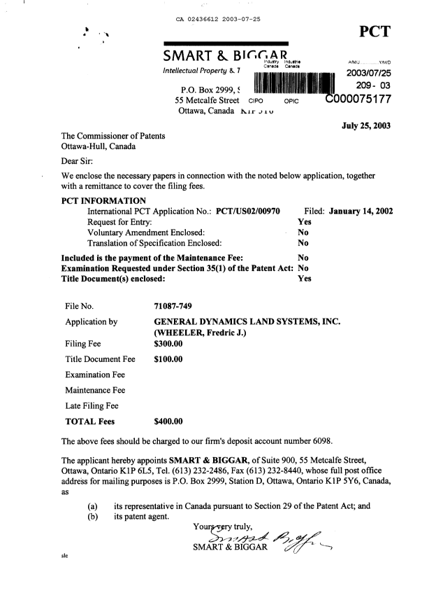Document de brevet canadien 2436612. Cession 20030725. Image 1 de 3