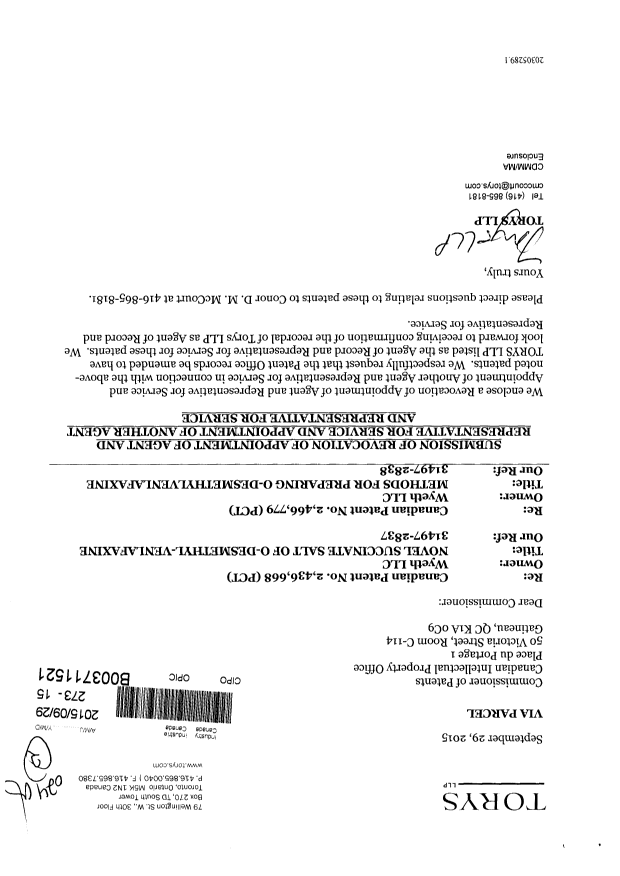 Document de brevet canadien 2436668. Correspondance 20141229. Image 1 de 3