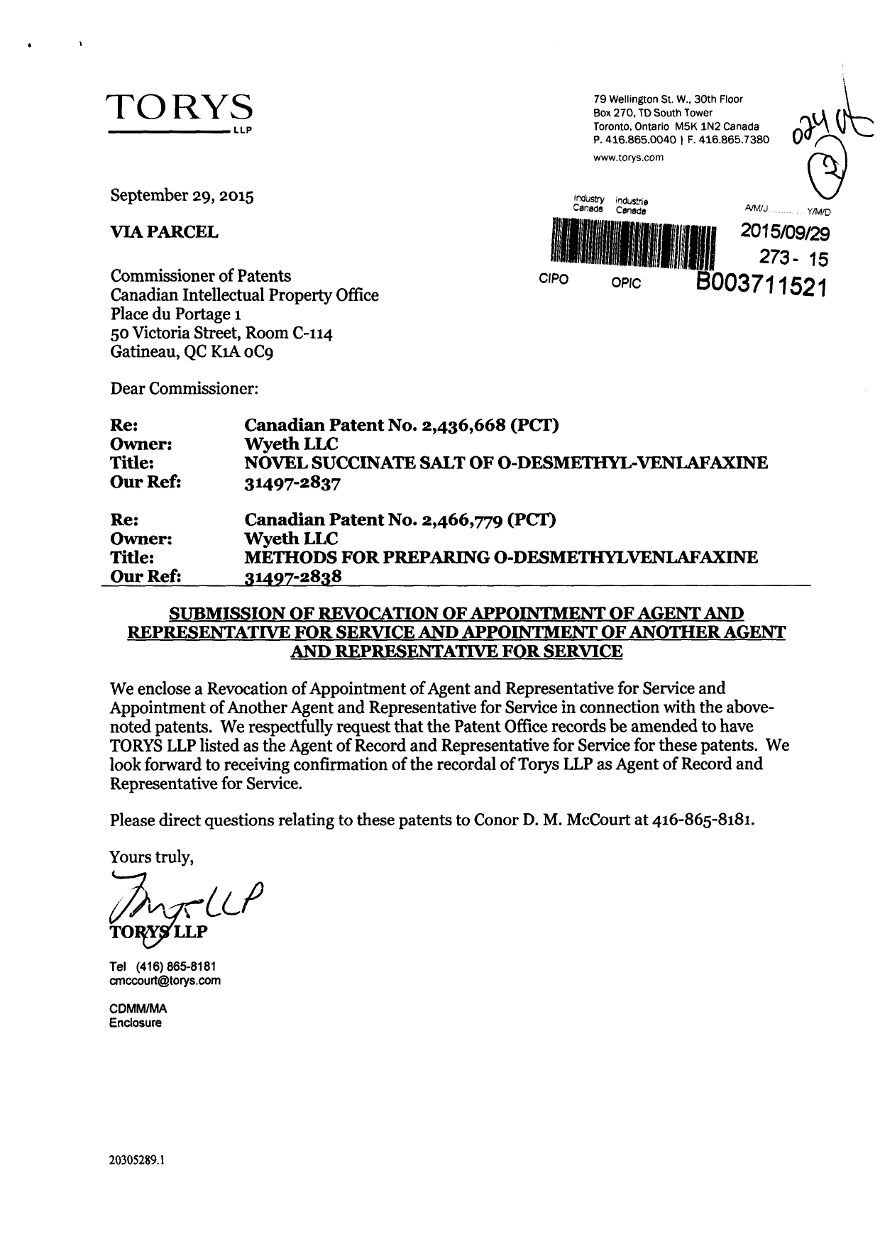 Canadian Patent Document 2436668. Correspondence 20141229. Image 1 of 3
