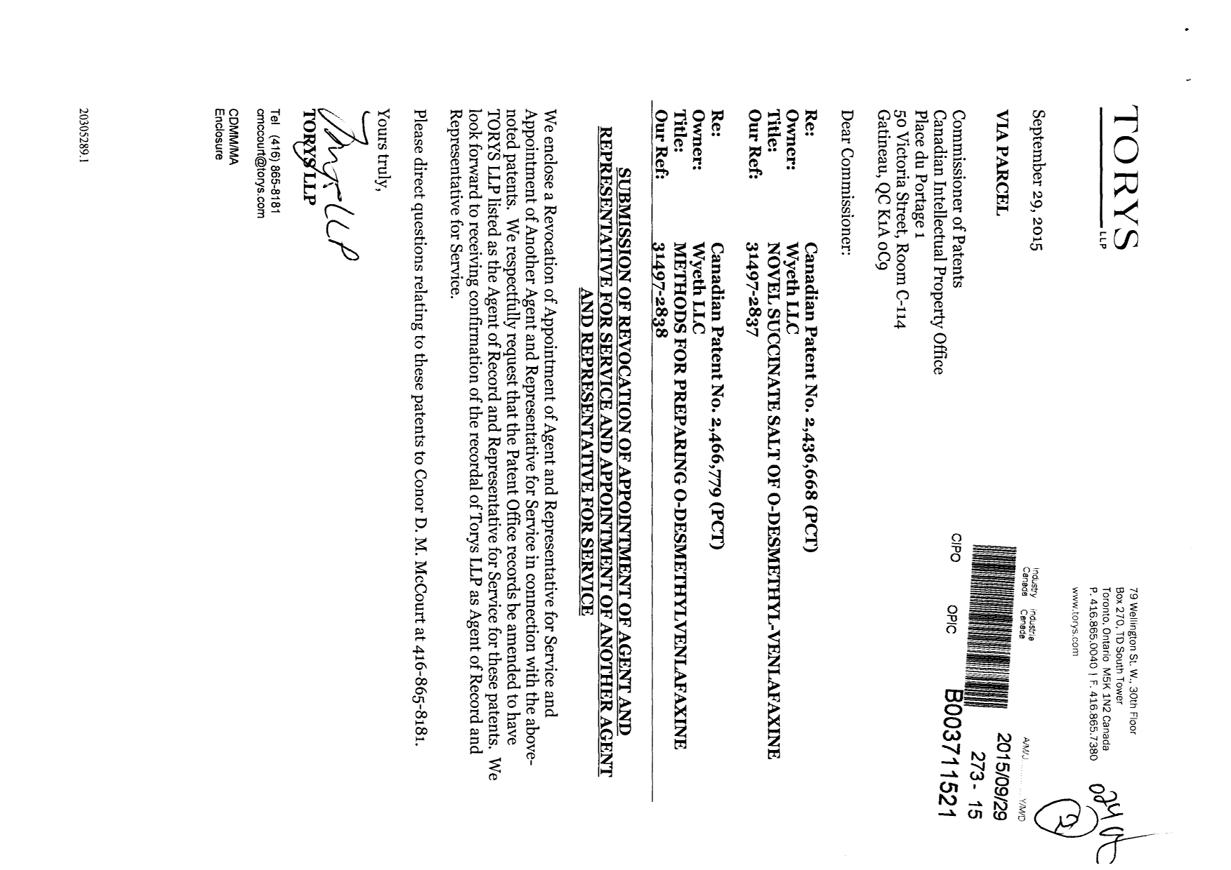 Document de brevet canadien 2436668. Correspondance 20141229. Image 1 de 3