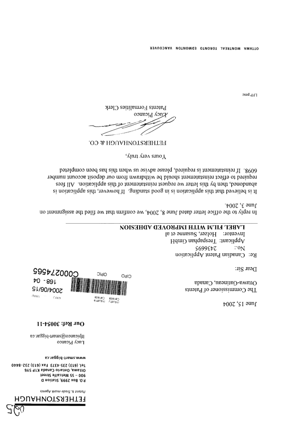 Canadian Patent Document 2436695. Assignment 20040615. Image 1 of 1