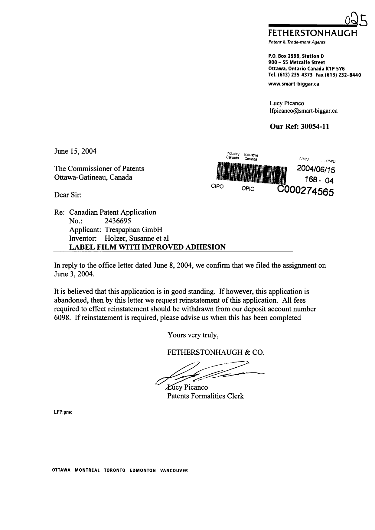 Document de brevet canadien 2436695. Cession 20040615. Image 1 de 1