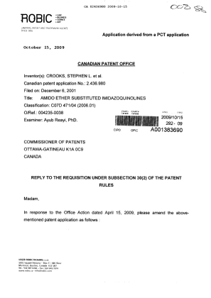 Canadian Patent Document 2436980. Prosecution-Amendment 20091015. Image 1 of 31