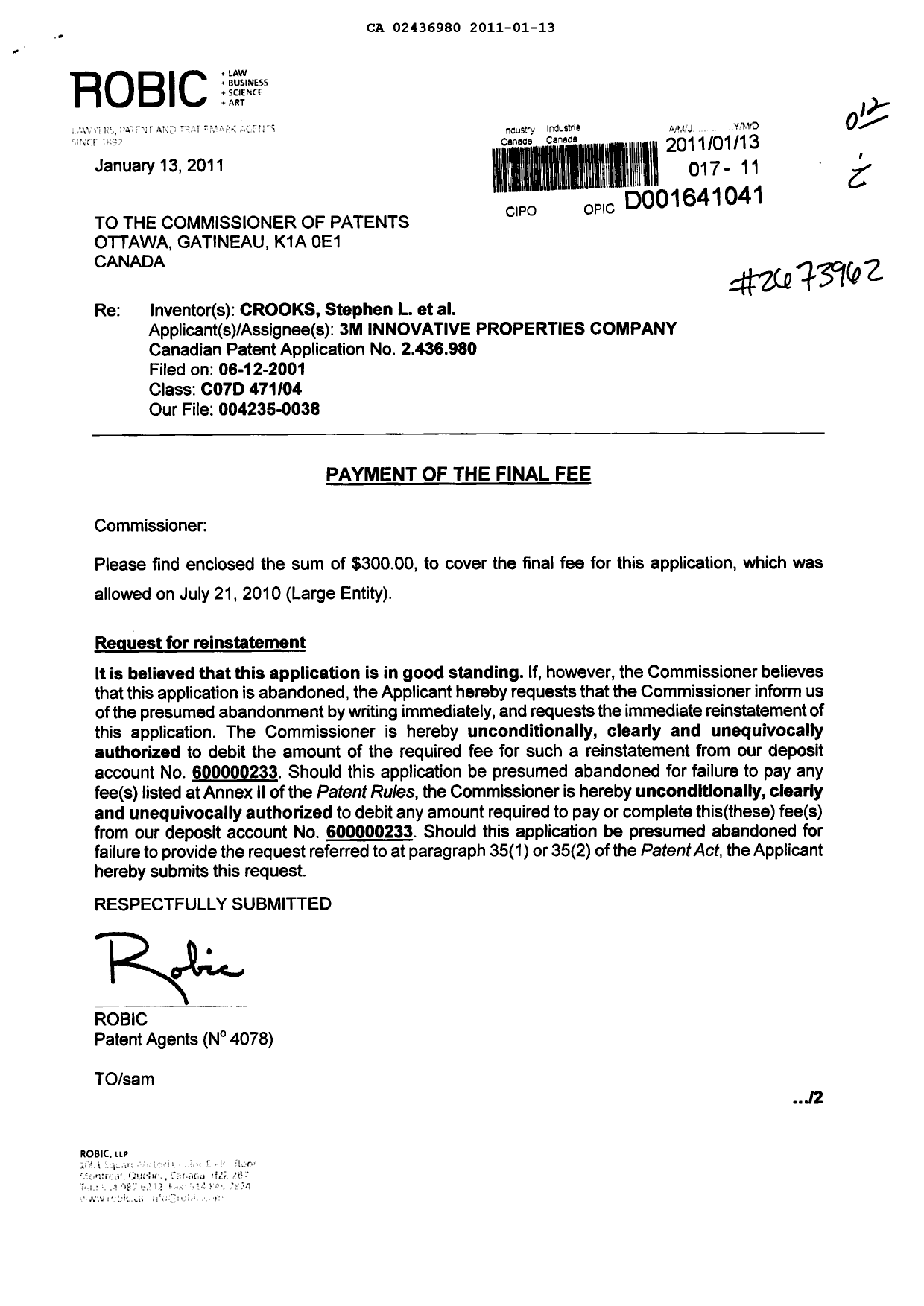 Document de brevet canadien 2436980. Correspondance 20101213. Image 1 de 2