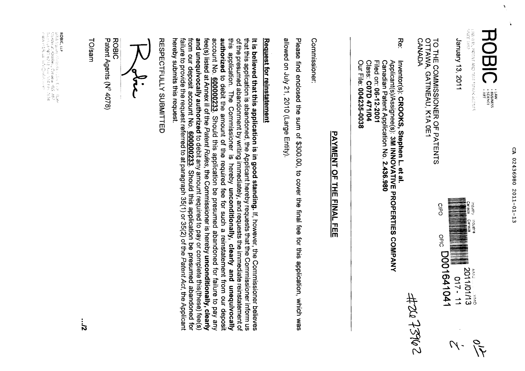 Document de brevet canadien 2436980. Correspondance 20101213. Image 1 de 2