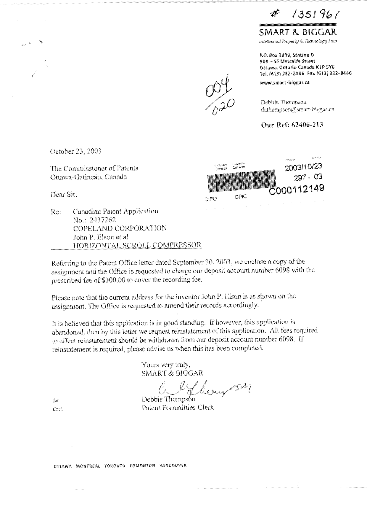 Document de brevet canadien 2437262. Cession 20031023. Image 1 de 2