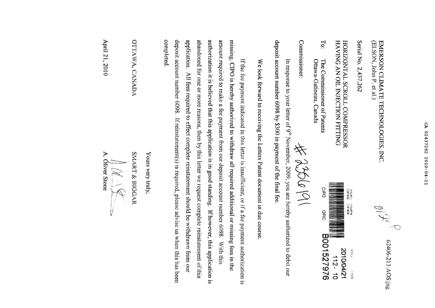 Document de brevet canadien 2437262. Correspondance 20100421. Image 1 de 1