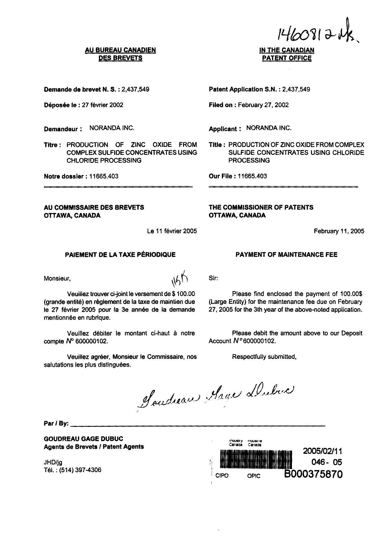 Document de brevet canadien 2437549. Taxes 20050211. Image 1 de 1