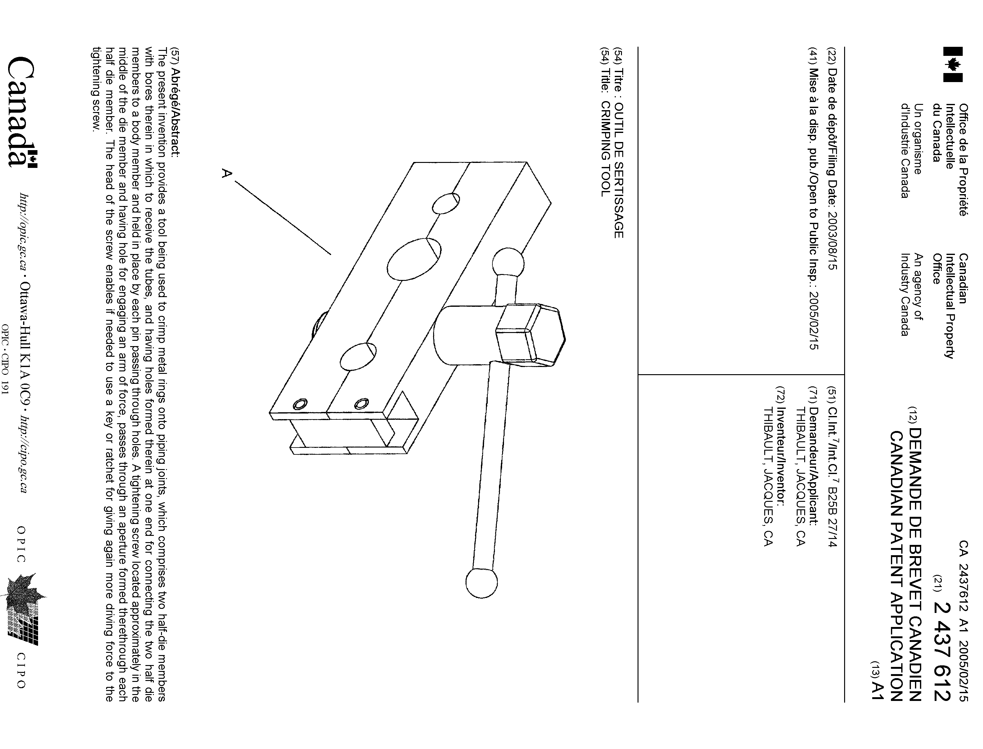 Canadian Patent Document 2437612. Cover Page 20041203. Image 1 of 1