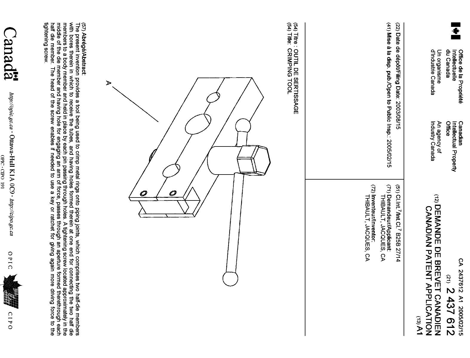 Document de brevet canadien 2437612. Page couverture 20041203. Image 1 de 1