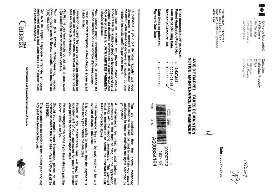 Document de brevet canadien 2437612. Taxes 20070712. Image 1 de 2