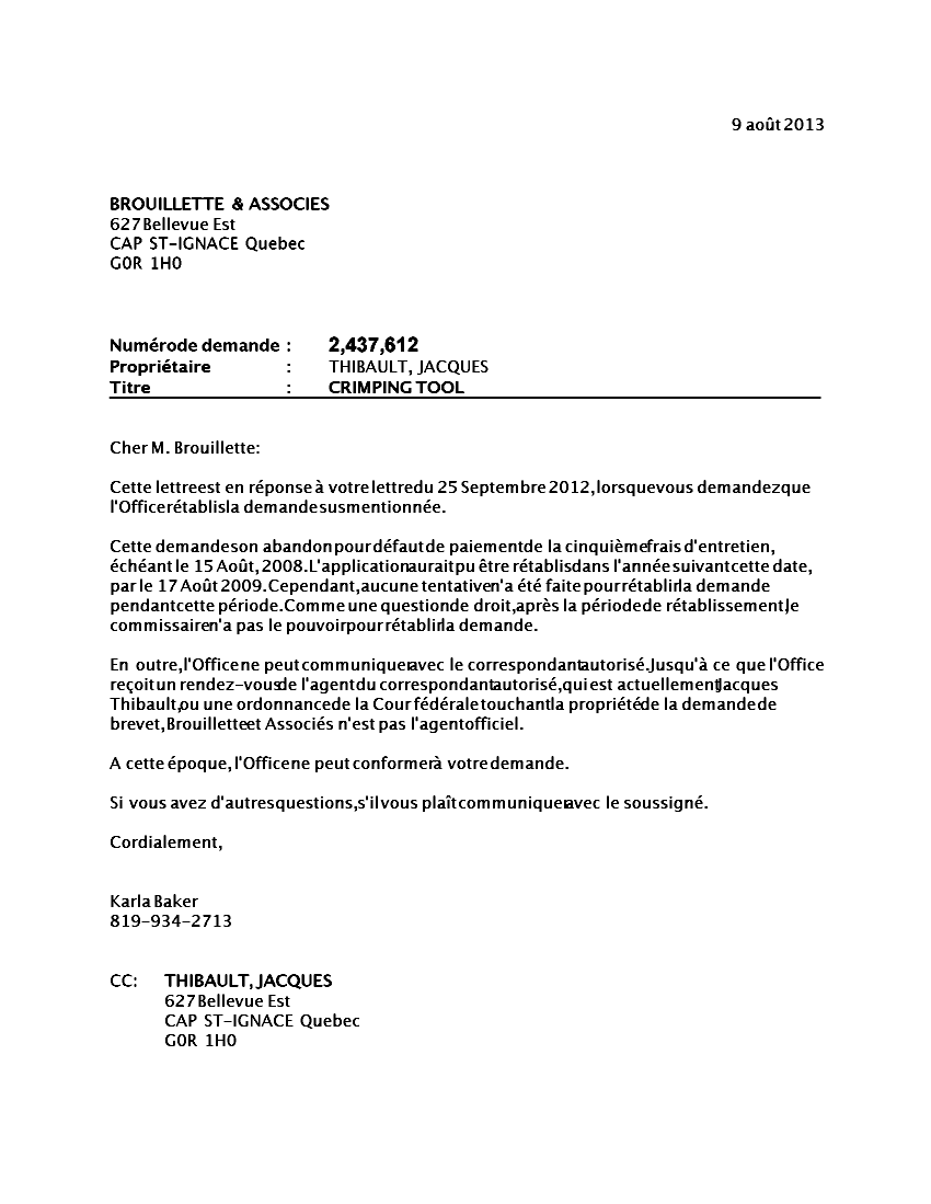 Canadian Patent Document 2437612. Correspondence 20130809. Image 1 of 1