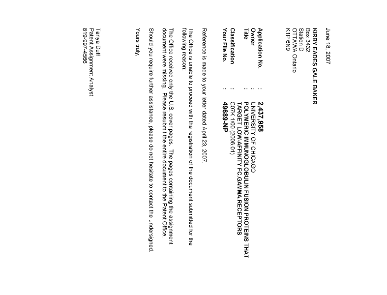 Document de brevet canadien 2437958. Correspondance 20070618. Image 1 de 1