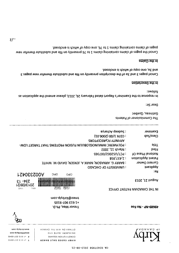 Canadian Patent Document 2437958. Prosecution-Amendment 20130821. Image 1 of 23