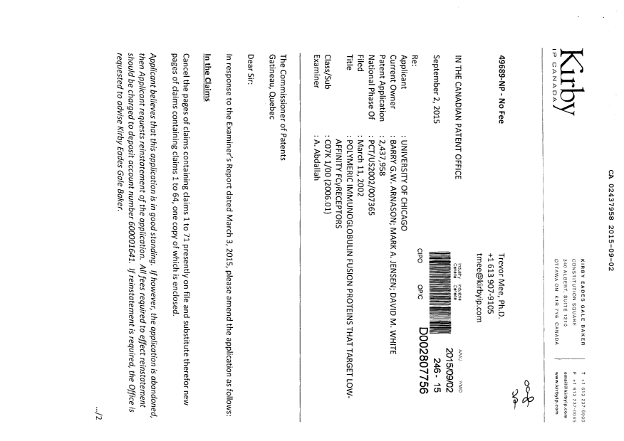 Document de brevet canadien 2437958. Modification 20150902. Image 1 de 9