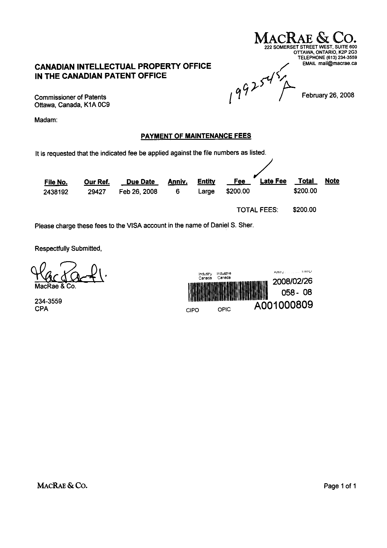 Document de brevet canadien 2438192. Taxes 20080226. Image 1 de 1