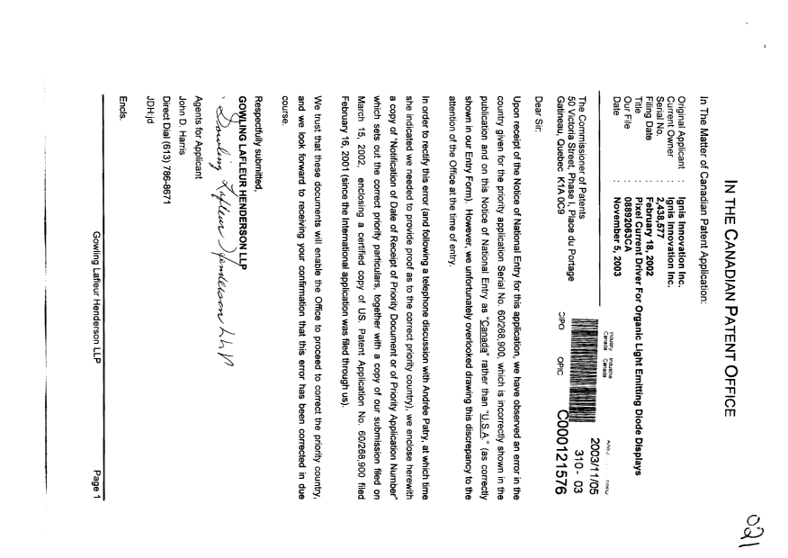 Canadian Patent Document 2438577. Correspondence 20031105. Image 1 of 3