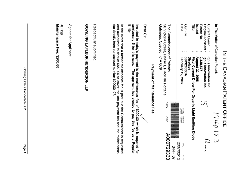 Document de brevet canadien 2438577. Taxes 20070212. Image 1 de 1