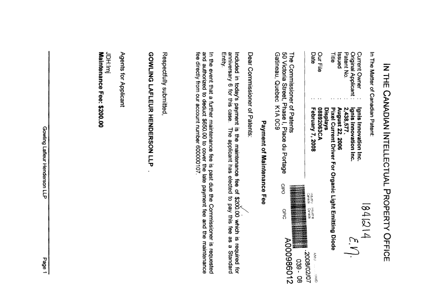 Document de brevet canadien 2438577. Taxes 20080207. Image 1 de 1