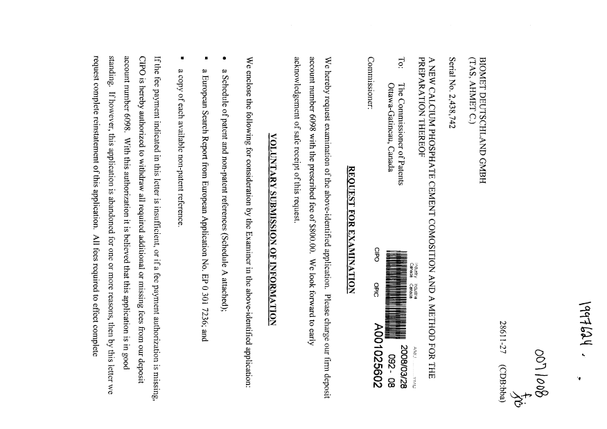 Canadian Patent Document 2438742. Prosecution-Amendment 20071228. Image 1 of 2