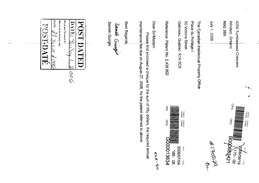 Document de brevet canadien 2438802. Taxes 20060704. Image 1 de 1
