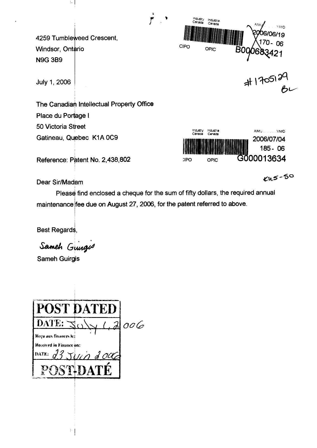 Document de brevet canadien 2438802. Taxes 20060704. Image 1 de 1