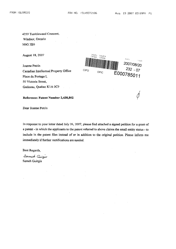 Document de brevet canadien 2438802. Correspondance 20070820. Image 1 de 2