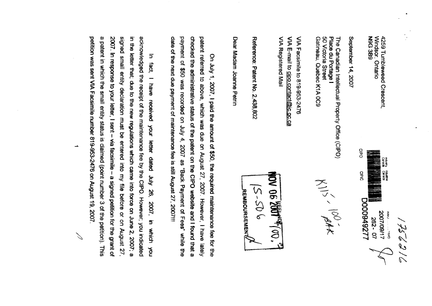 Document de brevet canadien 2438802. Taxes 20070917. Image 1 de 2