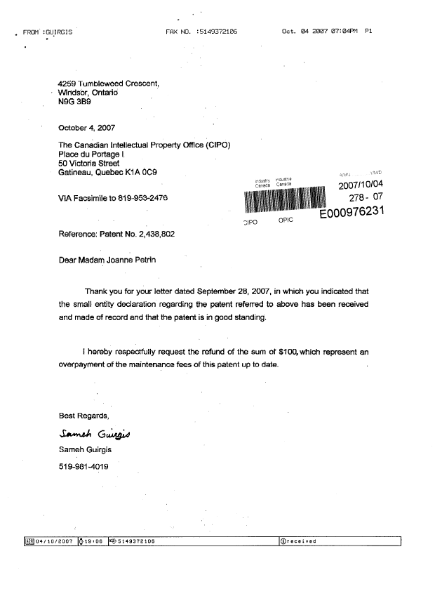 Document de brevet canadien 2438802. Correspondance 20071004. Image 1 de 1