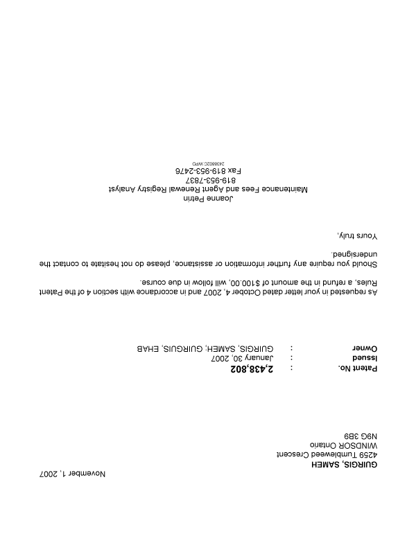 Canadian Patent Document 2438802. Correspondence 20071101. Image 1 of 1